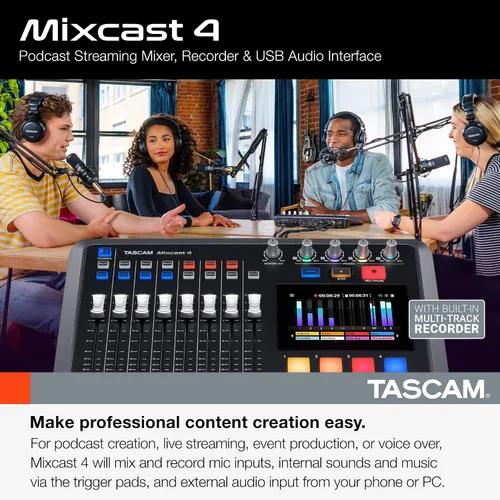 Miniatura 2 de TASCAM Mezclador de transmisión de podcasts Mixcast 4, grabadora e interfaz de audio USB: cuatro entradas de micrófono XLR/TRS, pantalla táctil