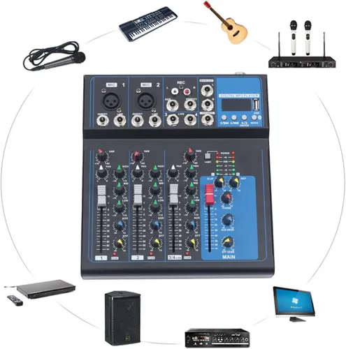 Miniatura 5 de Consola de mezcla profesional de 4 canales, mezclador de audio, tablero de sonido, Bluetooth, USB, mezclador de estudio en vivo con unidad USB