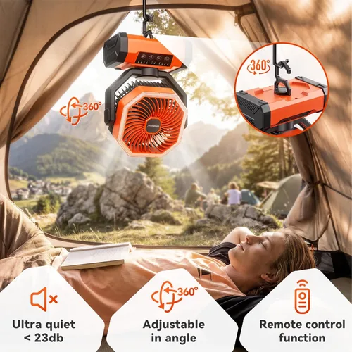 Miniatura 3 de Ventilador de campamento de 20000 mAh con luz LED, ventilador de escritorio oscilante automático con control remoto y gancho, ventilador de tienda