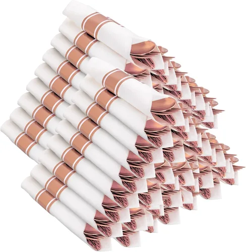 Juego de 400 cubiertos de plástico de oro rosa preenrollado, cubiertos de oro rosa resistente, incluye 100 utensilios desechables envueltos con Oro