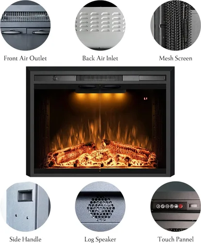 Miniatura 6 de Insertos de chimenea eléctrica de 36 pulgadas con puerta de vidrio y pantalla de malla, llamas multicolor y sonidos crepitantes de fuego