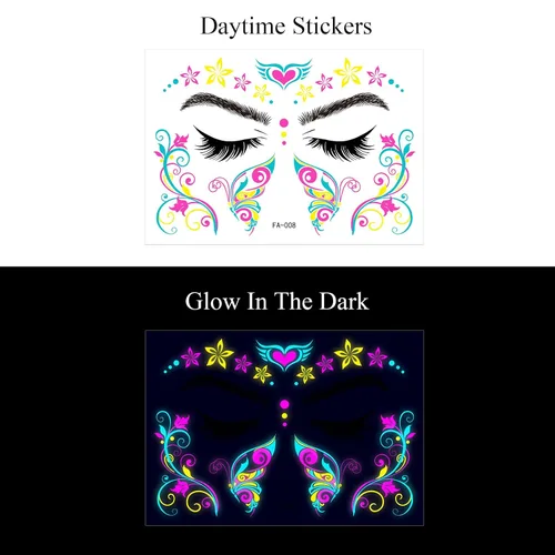 Miniatura 4 de Tatuajes temporales que brillan en la oscuridad, tatuajes temporales falsos para la cara, maquillaje UV, neón, mariposa, floral, tatuajes