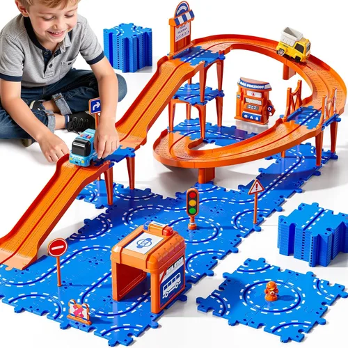 Rompecabezas para niños de 3 a 5 años, 2 a 4 años, juego de 59 rompecabezas de carreras, incluye 2 autos y señales de tráfico, regalos educativos de