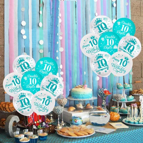 Miniatura 2 de Globos de cumpleaños número 10, paquete de 45 decoraciones de cumpleaños de dos dígitos, color turquesa, juego de globos de látex azul y blanco