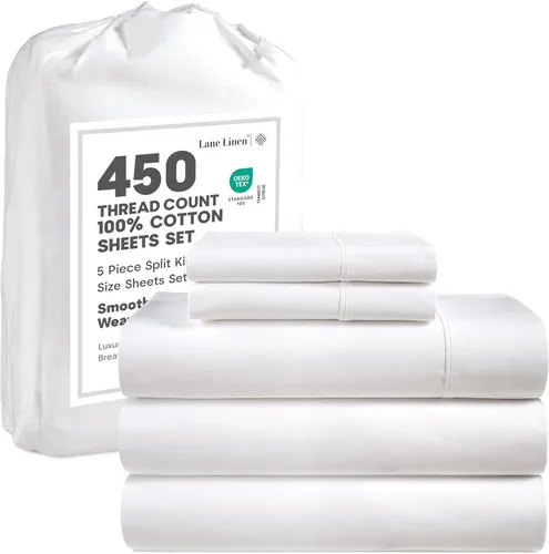 LANE LINEN - Sábanas tamaño Split King para cama ajustable, 450 hilos, 100% algodón, 2 sábanas bajeras individuales XL, con bolsillo profundo, 01: