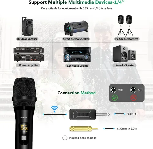Miniatura 6 de Bietrun - Micrófono inalámbrico, micrófono dinámico con receptor recargable, conexión automática, diseño de todo metal, rango de 160 pies, micrófono