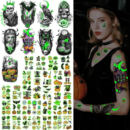 39 hojas de tatuajes temporales que brillan en Halloween para mujeres y hombres, esqueleto de la muerte, cráneo negro, sombreros negros, escobas,