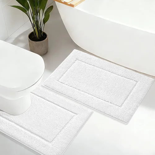 Miniatura 29 de Juego de alfombras de baño de 3 piezas de color blanco hueso, ultra suave, gruesa, esponjosa, microfibra absorbente, parte trasera antideslizante