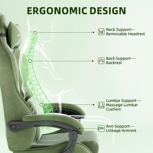 Miniatura 5 de Huracan Silla de juegos de tela de terciopelo con reposapiés para adultos, sillas ergonómicas para juegos con base de masaje, silla reclinable