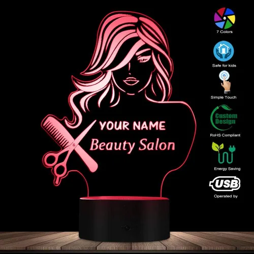 Miniatura 3 de The Geeky Days Salón de belleza 3D LED noche luz peluquería peluquería tijeras peine mesa escritorio lámpara nombre personalizado diseño moderno