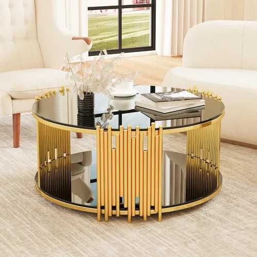 Miniatura 45 de KEVINSPACE Mesa auxiliar negra con borde dorado en la parte inferior, mesa de centro redonda para espacios pequeños, mesa auxiliar de madera mesita