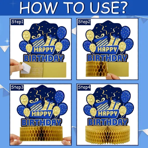 Miniatura 3 de Gersoniel 9 piezas de decoración de mesa de feliz cumpleaños, centros de mesa de panal de abeja con purpurina, decoración de fiesta azul y dorada
