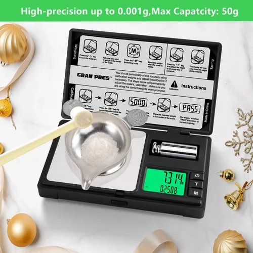 Miniatura 3 de GRAM PRES Escala de miligramo de alta precisión, 50g/0.001g, báscula digital mini de bolsillo, báscula de mg para pesar polvos, joyas, medicina