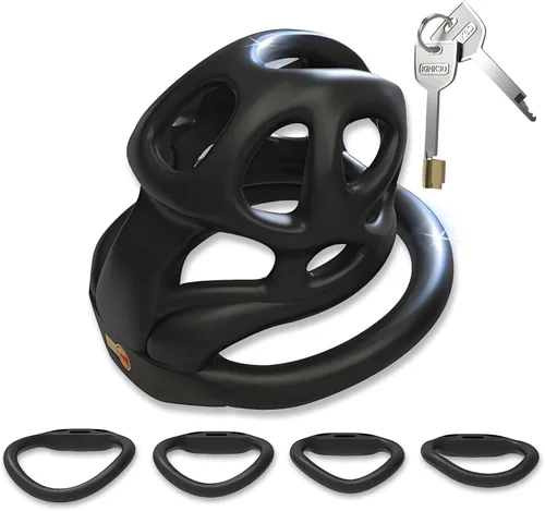 Jaula de castidad masculina – Jaula de pene con cerradura invisible empotrada con 4 anillos de diferentes tamaños y 2 llaves, juguetes sexuales para