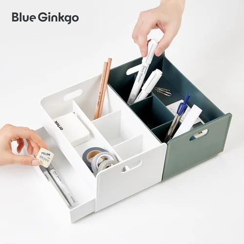 Miniatura 6 de BLUE GINKGO Organizador de escritorio portátil, compacto, 3 compartimentos, almacenamiento de medio cajón, soporte para bolígrafos, organizador