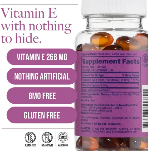 Miniatura 5 de Naked Vitamina E 400 UI – Suplemento natural de vitamina E con tocoferoles mixtos para apoyo antioxidante y salud de la piel – 100 cápsulas blandas