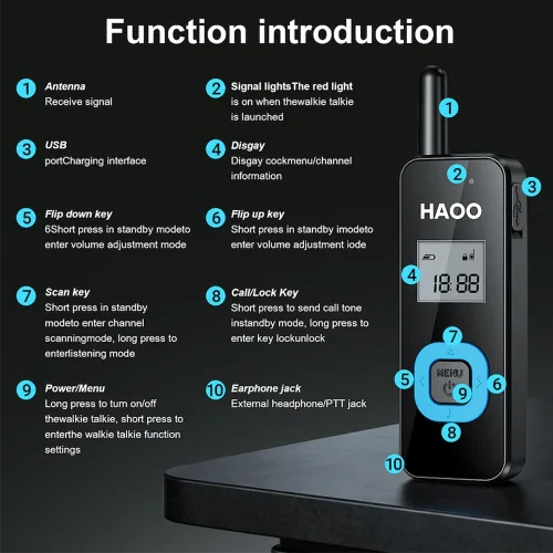 Miniatura 10 de HAOO Mini walkie talkies con auriculares, radio portátil de dos vías, transceptor FM, walkie talkie de largo alcance para esquí, senderismo, 3 PZAS