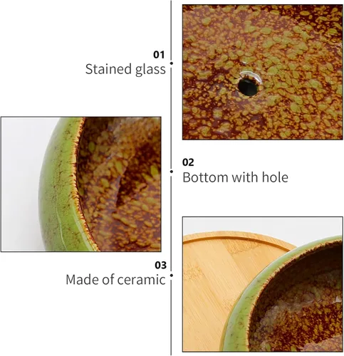 Miniatura 5 de Macetas de cerámica para bonsái de 7.4 pulgadas con bandejas poco profundas, macetas para suculentas con orificio de drenaje, macetas redondas Verde