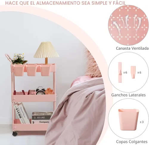 Miniatura 4 de danpinera Carrito de almacenamiento delgado, carrito rodante estrecho de 3 niveles con ruedas, organizador de baño con divisores, mango, ganchos