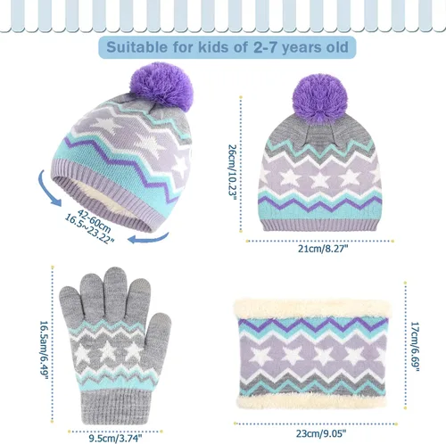 Miniatura 2 de Conjunto de gorro de invierno para niños y niñas de 2 a 7 años, gorro con pompón, forro polar