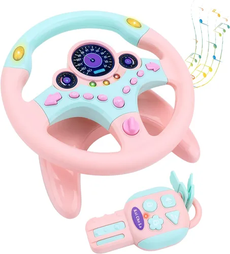 deAO Volante para niños para asiento trasero con llave, juguetes para bebés, pretender conducir, juguete de volante simulado con luz y música, Rosa