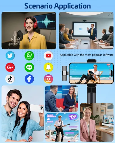 Miniatura 7 de Micrófono de solapa inalámbrico Lavalier para iPhone - Mini micrófono Bluetooth con reverberación, micrófono portátil con clip para grabación