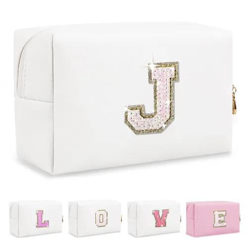 Miniatura 63 de Pequeña bolsa de maquillaje personalizada con inicial A-Z Preppy Patch, bolsa de cosméticos de viaje de felpilla blanca con cremallera, bonita bolsa