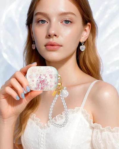 Miniatura 3 de Funda para AirPods Pro/Pro 2 con llavero de perlas, diseño de concha con purpurina para niñas, bonita y elegante funda Kawaii para Apple