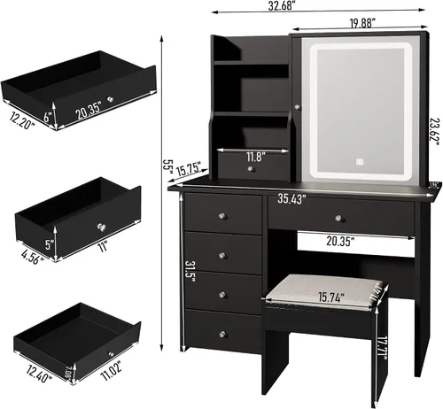Miniatura 9 de DYHOME Escritorio de maquillaje con espejo de luces LED, 3 modos ajustables y tomas de corriente, mesa de tocador con 6 cajones y banco, escritorio