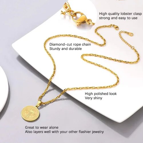 Miniatura 2 de PROSTEEL Collar con medalla de San Benito de acero inoxidable, joyería de protección para hombres y mujeres, chapado en oro real de 18 quilates