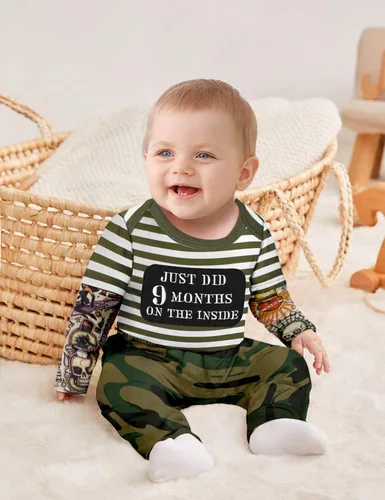 Miniatura 16 de Conjunto de 3 piezas de ropa para bebé y niño, manga de tatuaje, mameluco divertido y pantalones