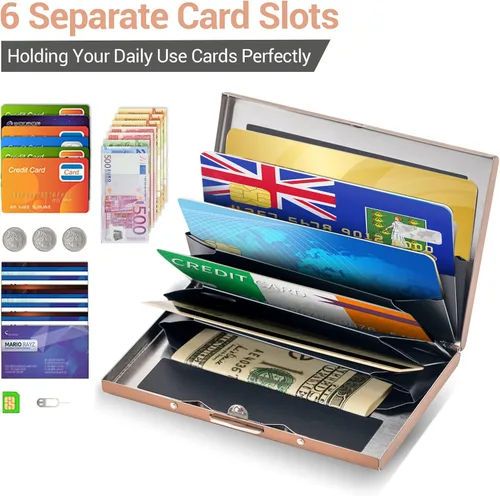Miniatura 82 de BONSYL® Soporte para tarjetas de crédito, cartera delgada de metal con bloqueo RFID, con 6 ranuras para tarjetas, para mujeres y hombres.