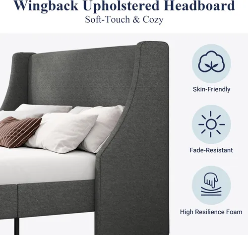 Miniatura 4 de Allewie Estructura de Cama de Plataforma Tamaño King con Cabecera Tapizada – Diseño Moderno Deluxe con Respaldo Alado, Soporte de Listones de Gris