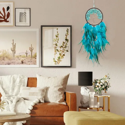 Miniatura 6 de Pretty Jolly Atrapasueños de árbol de la vida azul aguamarina, decoración de pared con piedra de cristal curativo, hecha a mano, plumas azules