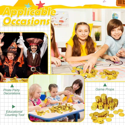 Miniatura 5 de Hanaive 600 monedas de oro pirata, monedas de juguete de tesoro de plástico, monedas falsas de San Patricio, doblón para regalos de fiesta pirata