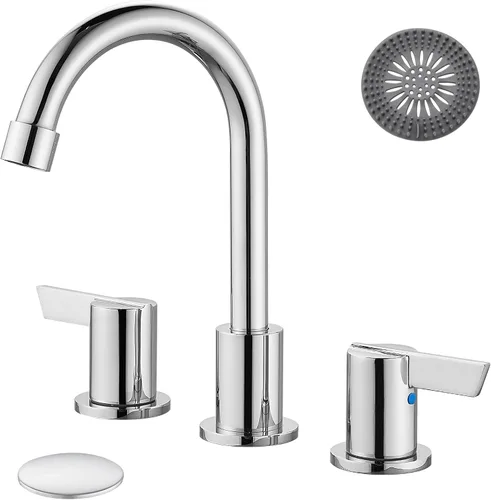 Miniatura 11 de Grifo de lavabo de baño de 3 agujeros, 8 pulgadas, grifo de baño de 2 manijas de acero inoxidable SUS304 con drenaje emergente y líneas de Níquel