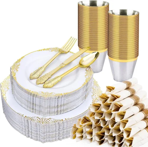 Realluck 350 piezas platos de plástico blanco y dorado, juego de vajilla de plástico para 50 invitados, 100 platos desechables, 150 cubiertos, 50