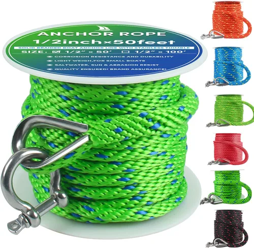 Miniatura 23 de Cuerda de anclaje premium de 100 pies x 3/8 pulgadas, cuerda marina de línea de anclaje MFP trenzada sólida con dedal y grillete, color negro