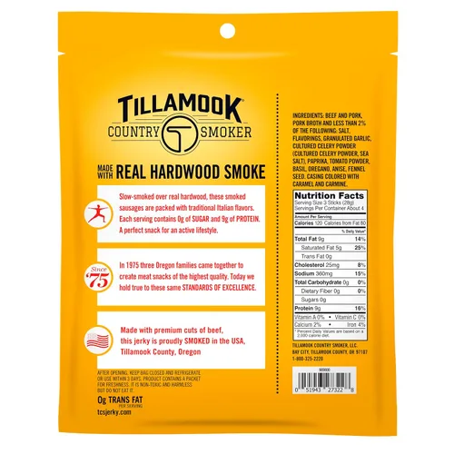 Miniatura 2 de Tillamook Country Smoker - Salchichas ahumadas, sin azúcar, estilo italiano, 4 onzas (1 paquete) Salchichas italianas ahumadas con madera dura