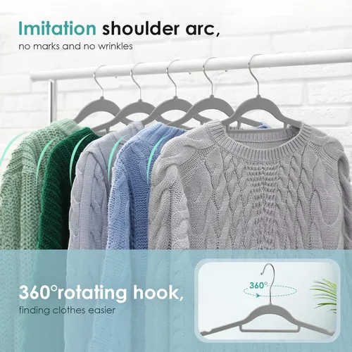 Miniatura 6 de DUDUCOFU Perchas de terciopelo antideslizantes de fieltro, paquete de 50 perchas de terciopelo gris para ropa que ahorran espacio, con gancho
