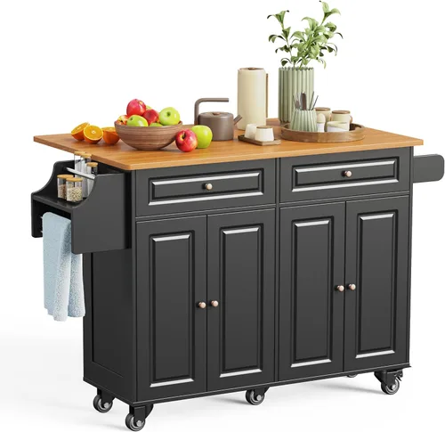 Miniatura 11 de Aiho Carrito de isla de cocina con almacenamiento, carritos móviles de 52 pulgadas con mesa de cocina rodante con toallero, estante de especias