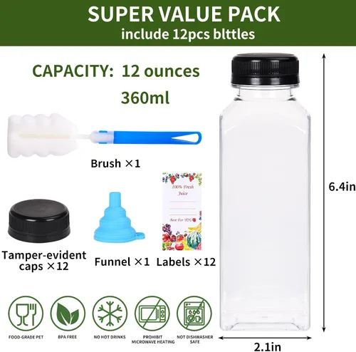 Miniatura 2 de SUPERLELE 12 botellas de plástico para jugo de 12 onzas con tapas, recipientes transparentes reutilizables para jugos, licuados, beber y otras