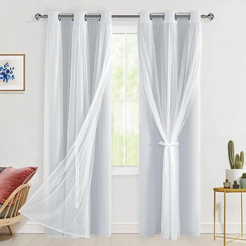 Miniatura 29 de Hiasan Cortinas opacas con superposición transparente, aislamiento térmico para mezclar y combinar de doble capa, cortinas de oscurecimiento de Beige