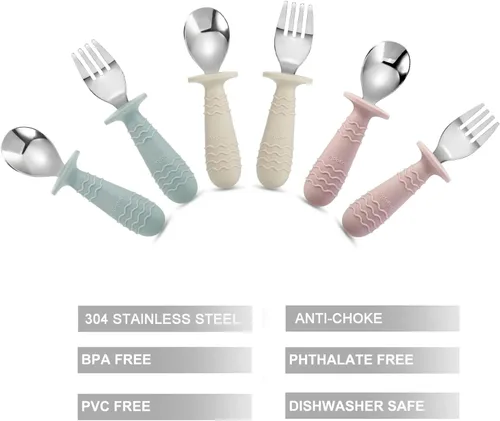 Miniatura 2 de PandaEar 6 Piezas Utensilios de Silicona de Acero Inoxidable para Bebés y Niños Pequeños Cubiertos Cuchara Tenedor para Bebés y Niños Pequeños Sin