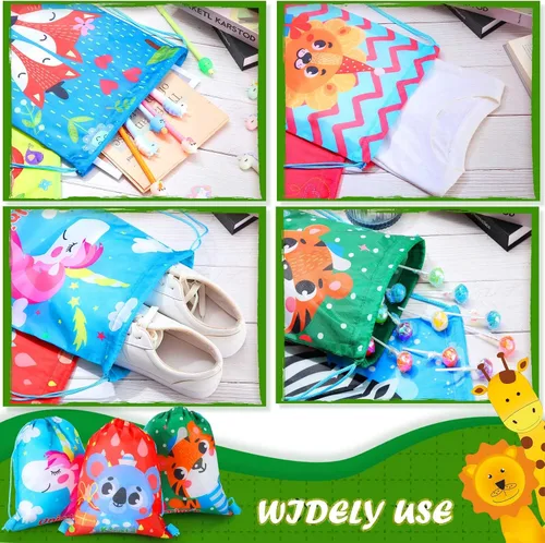 Miniatura 6 de Shappy Paquete de 12 bolsas de recuerdos de fiesta de animales de dibujos animados, bolsa de regalo de animales de safari, mochila con cordón