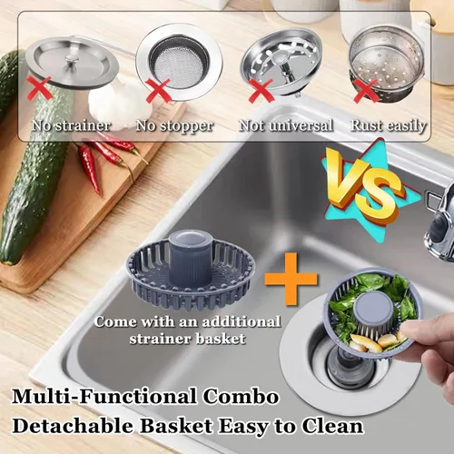 Miniatura 3 de BAOLSLS Tapón de fregadero de cocina 3 en 1, colador de drenaje emergente para fregadero de cocina, con un colador de cesta adicional, tapón