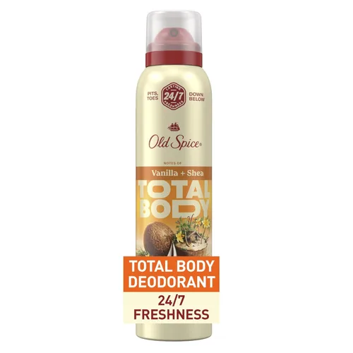 Old Spice Desodorante en aerosol para todo el cuerpo para hombres, sin aluminio, aroma a vainilla + karité, protección contra olores 24/7, frescura