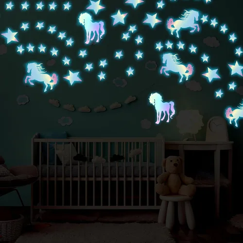 Miniatura 5 de Calcomanías de pared de unicornios que brillan en la oscuridad, unicornios, estrellas, calcomanías de pared para decoración de dormitorio de bebés