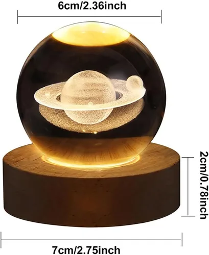 Miniatura 5 de Luz nocturna LED de bola de cristal, sistema de la Vía Láctea, lámpara de noche de cristal grabada en 3D con base de madera, carga USB