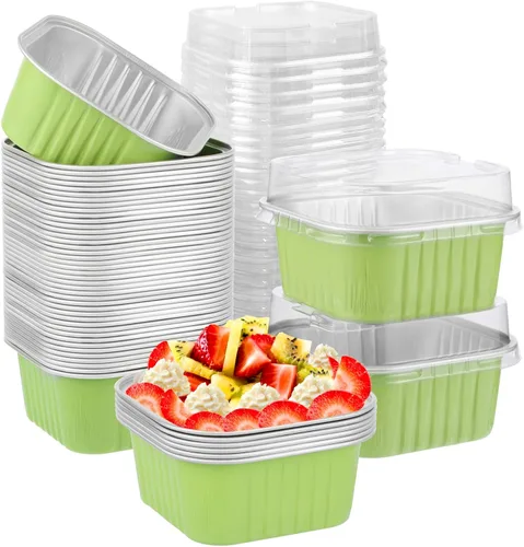 50 tazas cuadradas de papel de aluminio para hornear con tapas, moldes desechables de 5 onzas para tartas, recipientes para hornear cupcakes para